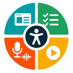 Colorful, circular accessibility-themed icon includes symbols for web content, checklists, audio, and video.